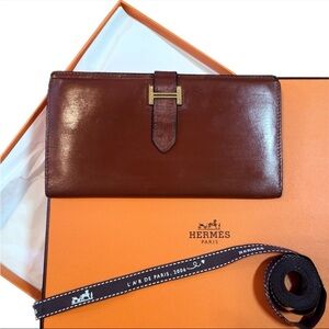 Hermes Brown Leather Long Wallet with Gold H Clasp